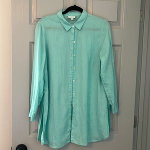 J Jill LOVE LINEN Womens Tunic Top Large Petite aqua Blue green 32” length